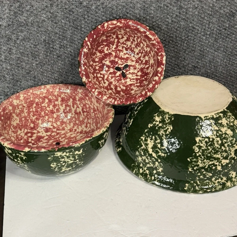Set Of 3 Watermelon Sponge Ware Nesting Bowls Pottery
